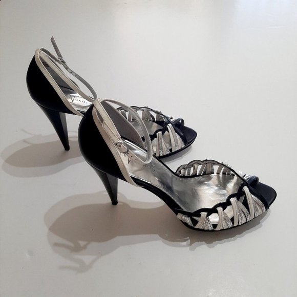 VINCE CAMUTO Regal Black & White Heels Cone Peep Toe Heels Size 10B - Picture 4 of 7